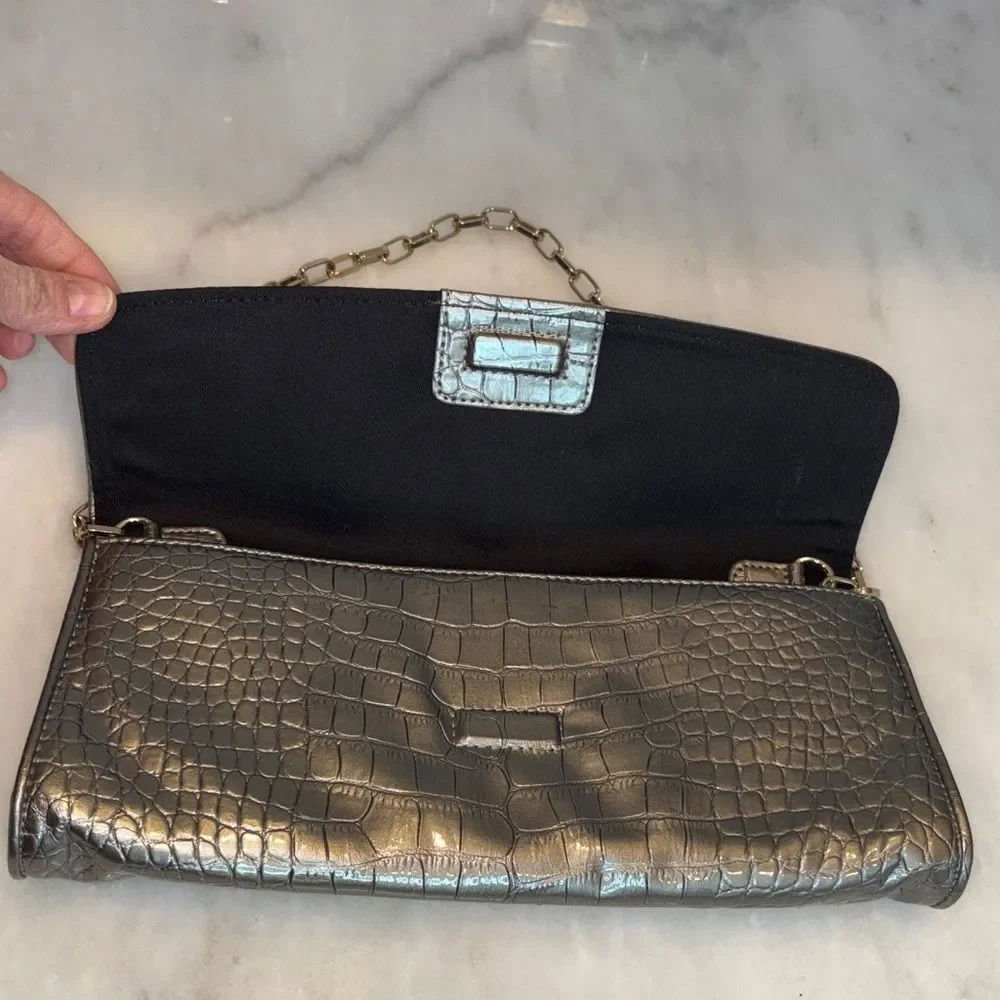 Ann Taylor LOFT purse silver metallic crocodile-embossed envelope clutch bag